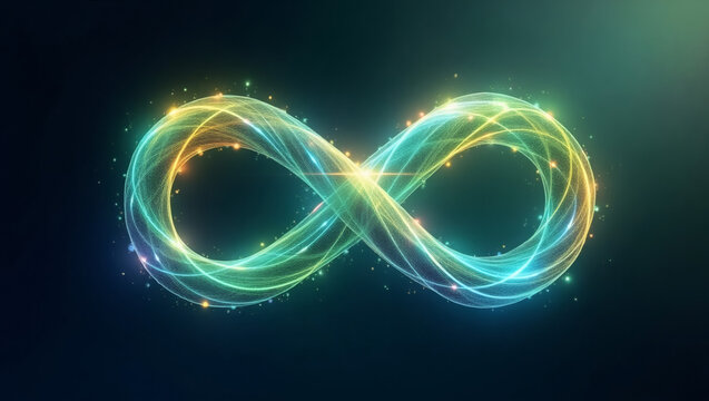 Vibrant glowing infinity symbol illuminating with cosmic energy and light trails
