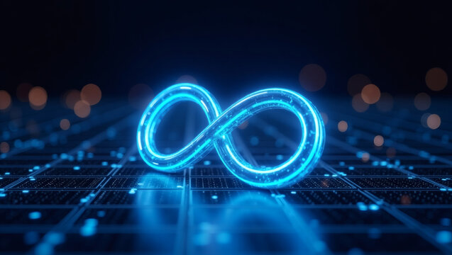 Glowing blue infinity symbol illuminates a futuristic digital landscape with bokeh lights