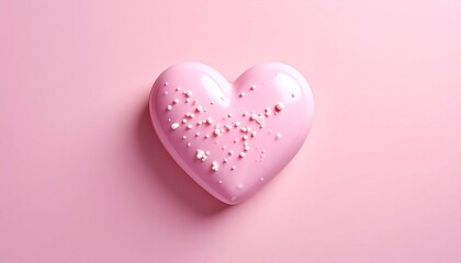 Obraz premium Glossy pink heart-shaped dessert with sprinkles on pink background, evoking sweetness and celebration.