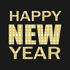 Happy new year text with gold and white geometric patterns on black background