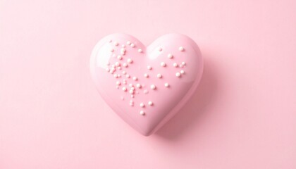 Fototapeta premium Glossy pink heart-shaped dessert with sprinkles on pink background, evoking sweetness and celebration.