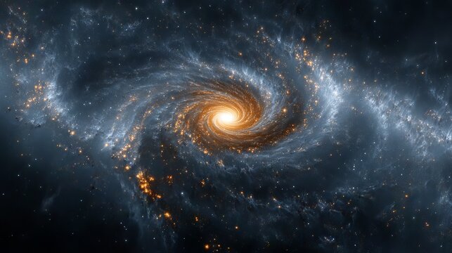 Vibrant blue and orange spiral galaxy swirling in deep outer space with glowing starfield and cosmic nebula background