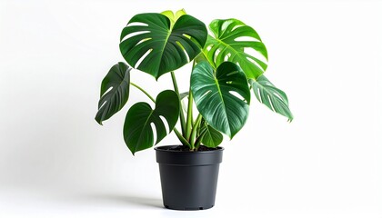 Monstera plant with split glossy leaves in black pot on white background.
