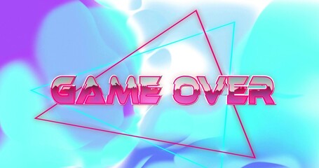 Glowing neon pink GAME OVER text dominating centered banner, with magenta cyan triangles and bokeh