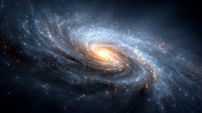 Vibrant blue and orange spiral galaxy swirling in deep outer space with glowing starfield and cosmic nebula background