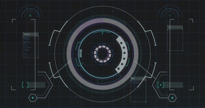 Displaying central HUD element pulsing on dark grid canvas, with rings and connector traces