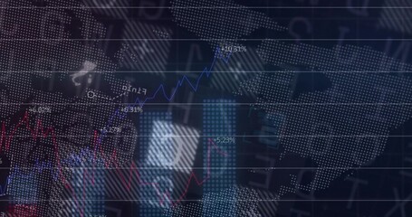 Showing centered financial chart on market screen showing blue uptrend red dip cyan bars dotted map