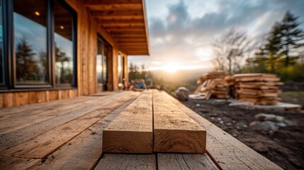 Wooden deck and lumber at sunset