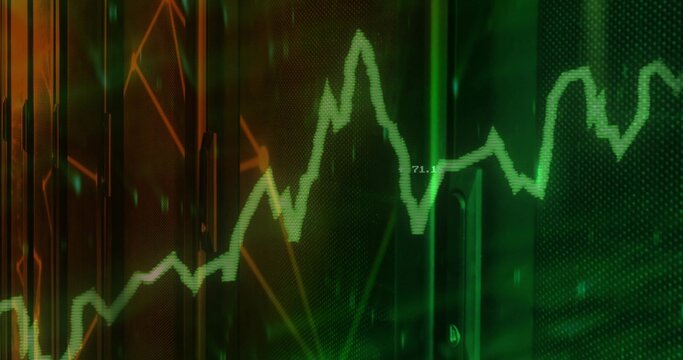 Fototapeta Displaying green jagged line chart tracing peaks on control screen, with perforated panel and 71