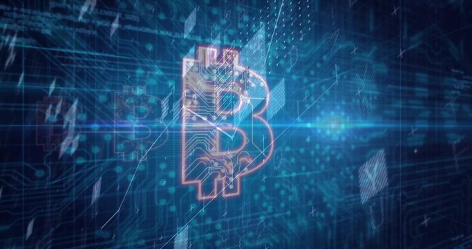 Glowing Bitcoin hologram floating in cyberspace, showing circuit traces, grid and light streak