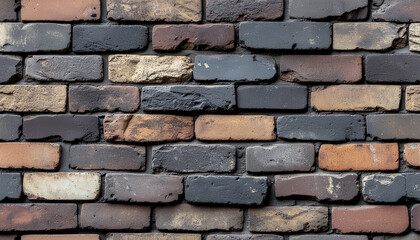 Obraz premium Close-up of a textured brick wall with varying shades of brown, gray, and black bricks arranged in a horizontal pattern.