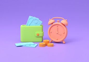 Time is Money Cartoon Still Life with Wallet Alarm Clock and Coins Business Finance Concept Pastel Colors