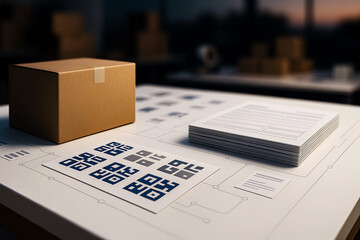 Logistics concept with parcel box and tracking data on a modern desk