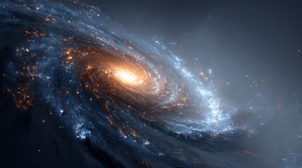 Vibrant blue and orange spiral galaxy swirling in deep outer space with glowing starfield and cosmic nebula background