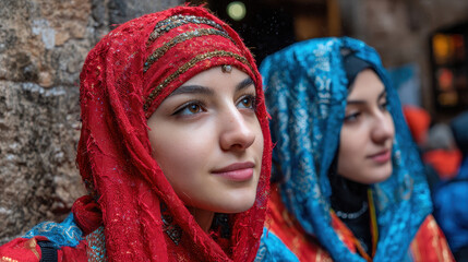 Young women wearing colorful traditional headscarves with intricate patterns looking thoughtfully outdoors near a stone wall during daytime cultural event