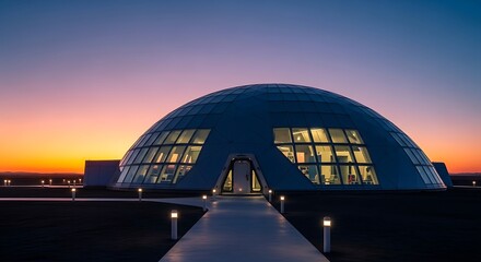 Obraz premium Futuristic dome building illuminated against a vibrant twilight sky.