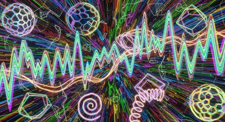 Vivid glitch waves bending luminous shapes into corrupted neon background patterns