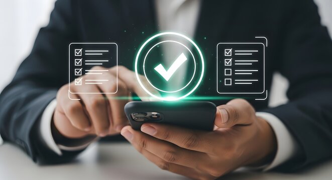 Businessman using smartphone with checkmark and document icons overlayed