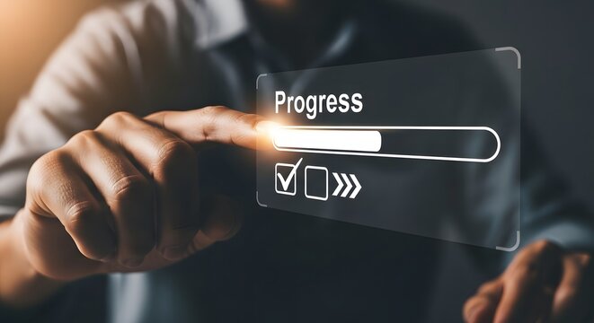 Man touching a progress bar on a transparent screen interface