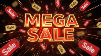 Dynamic 3D MEGA SALE text design with glowing red and gold lettering surrounded by flying price sale tags and explosive light streaks for retail promotion
