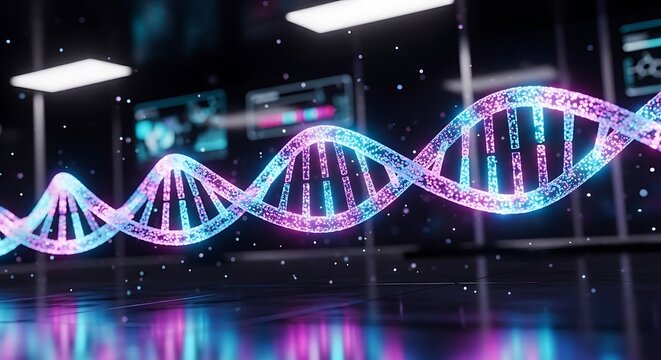 Futuristic glowing DNA double helix in a modern science laboratory.