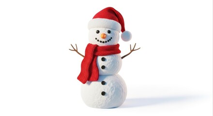 Fototapeta premium Cheerful Snowman Wearing Red Scarf and Santa Hat on White Background