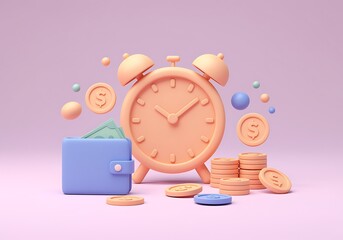 Time is Money Financial Planning and Investment Concept with Alarm Clock Wallet and Coins on a Pastel Background 3D Rendering
