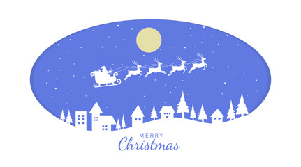 Santa Claus ride sleigh with flying reindeer in sky above the houses and fir trees. winter village. Merry Christmas background. Vector illustration