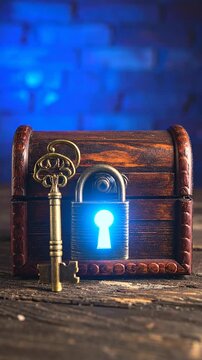 Antique wooden treasure chest with brass padlock and ornate key on rough wooden surface against a blue brick wall background with dramatic lighting