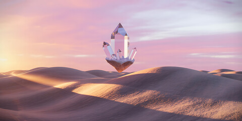 Large transparent crystal hovering above sand dunes at sunset peaceful scene