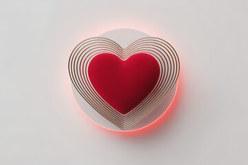Red heart surrounded by glowing transparent concentric rings on white surface