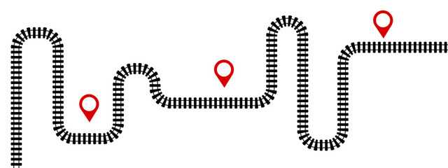 Railway route map infographic template. Vector curved train tracks with station pins, symbolizing journey roadmap, travel timeline, and railroad navigation concept.