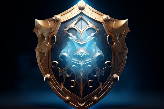 Ornate golden shield with a central glowing magical emblem providing defense