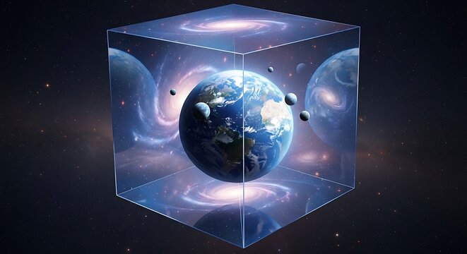 Planet Earth encapsulated within a glowing cosmic cube in deep space.