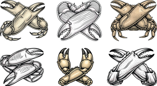 Engraved crab claw icon set in vintage seafood illustration style with detailed shell textures and crossed claw compositions
