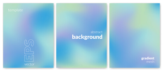 Abstract liquid background set. Gradient mesh. Effect blend pale blue color. Blurred fluid colorful mix. Modern design template for web cover, header, ad banner, poster, brochure, flyer. Vector image