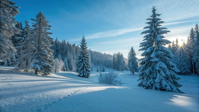 A peaceful winter scene showing a dense forest of tall pine trees covered in fresh snow. The sun rises behind the trees, casting long shadows and creating a warm glow across the snow-covered ground.
