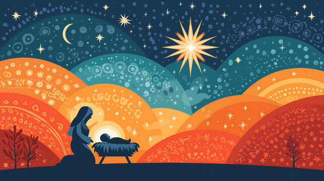 Stylized nativity scene with Mary and Joseph beside a newborn baby in a manger, under a radiant star in the night sky - Powered by Adobe