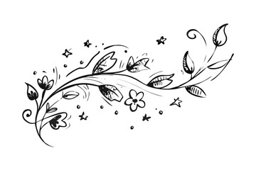 Fototapeta premium Botanical flourish with blooming flowers and curved leaves in black