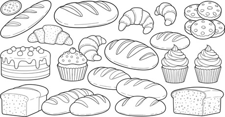 Bakery, illustration, set, with, bread, pastry, cupcake, cookie, cake, croissant, line, art, vector, content, culinary, dessert, black, white, food, doodle, baking, artwork