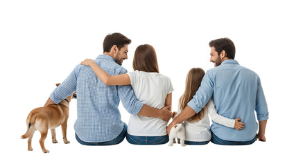 Two men and two children with two dogs, sitting together viewed from behind, cutout, PNG isolated on white or transparent background