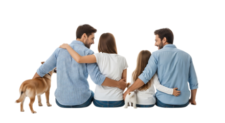 Two men and two children with two dogs, sitting together viewed from behind, cutout, PNG isolated on white or transparent background