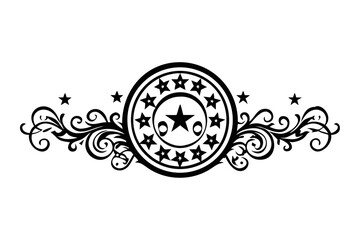 Round star emblem with swirling floral ornament in black