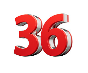 Bold Vibrant Red Number Thirty six Number 36 With Metallic On White Background 3D Illustration