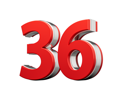 Bold Vibrant Red Number Thirty six Number 36 With Metallic On White Background 3D Illustration