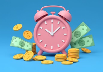 Time is Money Pink Clock with Coins and Banknotes Concept for Finance Savings and Investment Opportunity Rendered on Blue Background