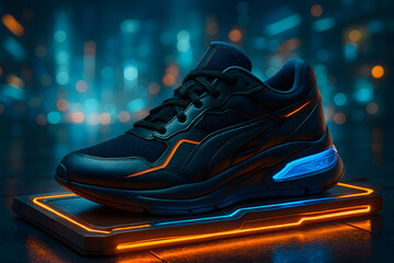 Fototapeta premium Cyberpunk Sneaker Illuminated with Bold Blue Orange Highlights