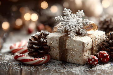 A festive Christmas scene featuring a neatly arranged collection of holiday elements including a present, pine cones, candy canes, and snowflakes, evoking a sense of warmth and celebration