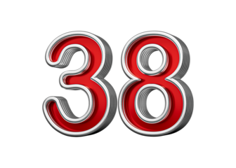 Vibrant Red Number Thirty eight 38 With Metallic Gleam And Beveled Edges, 3D Illustration