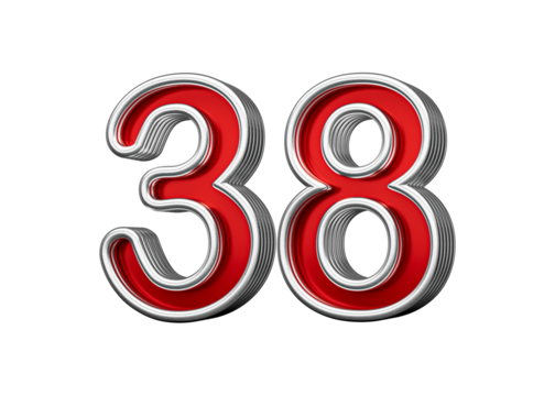 Vibrant Red Number Thirty eight 38 With Metallic Gleam And Beveled Edges, 3D Illustration